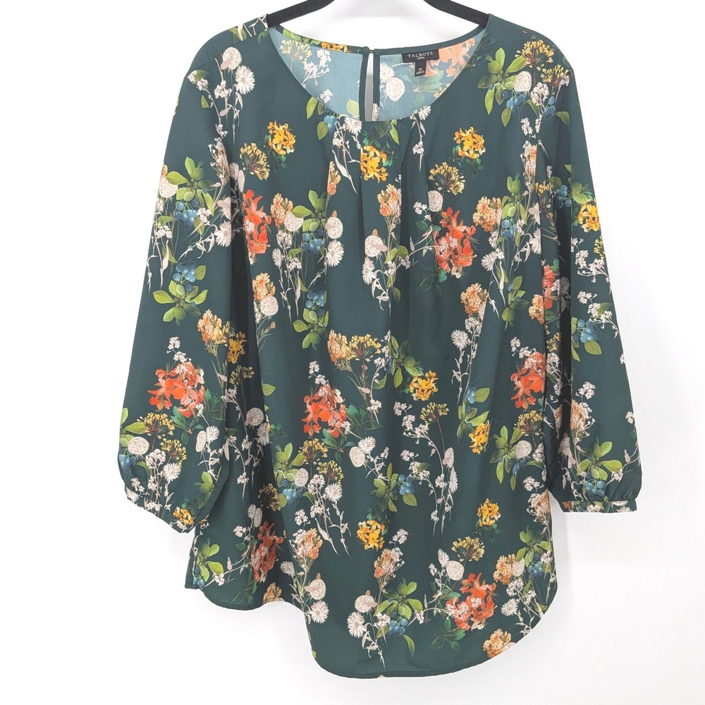 Talbots Floral Blouse Womens Plus 1X Green Long Sleeve Pleated‎ Keyhole Garden